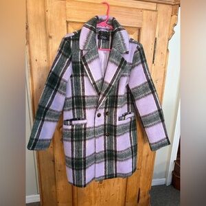 Coffee Shop Purple Green & Black Plaid Sz Medium Lined Double Breasted Coat